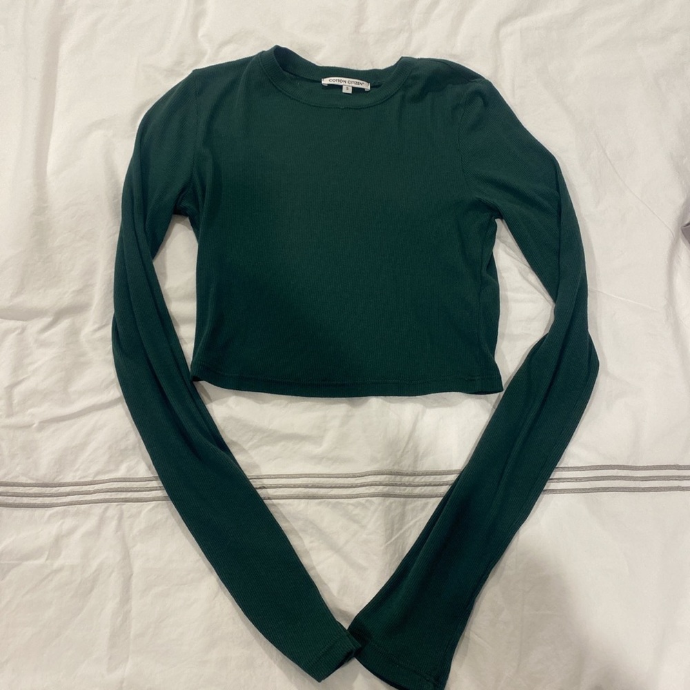 cotton citizen long sleeve forest green ribbed cropped top